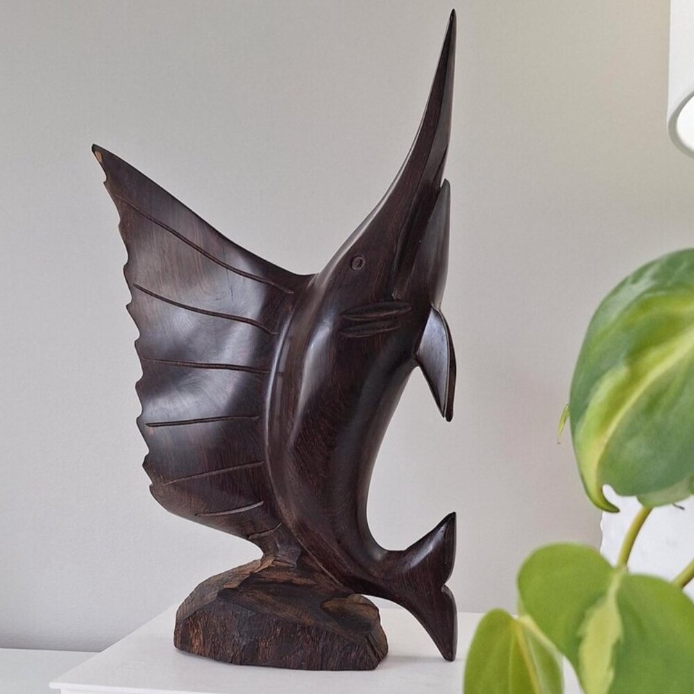 Vintage Ironwood Swordfish fish carving Sculpture wood carved figurine statue